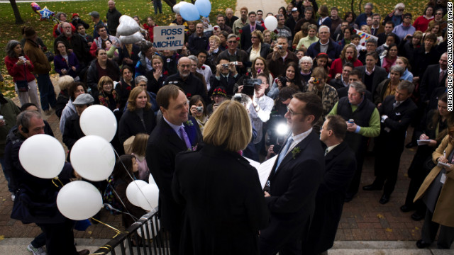 Michael Miller, left, and Ross Zachs marry on the West Hartford Town Hall steps after same-sex marriages became legal in Connecticut on November 12, 2008.