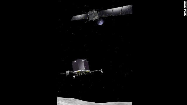 Rosetta will be the first spacecraft to deploy a robot for a soft landing on a comet. It also will be the first probe to escort a comet into our inner solar system. This drawing shows how Rosetta will drop its robotic lander, Philae, onto the comet.
