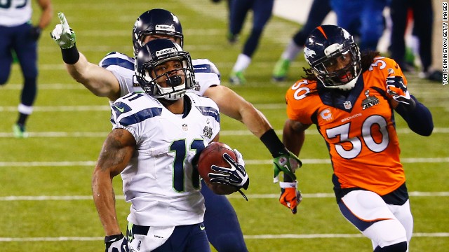 Wide receiver Percy Harvin is on his way to completing an 87-yard return from the kick off at the start of the second half to put Seattle out of sight in Super Bowl XLVIII