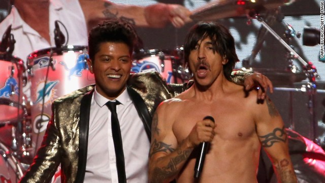 Bruno Mars and Anthony Kiedis of the Red Hot Chili Peppers join forces during the Super Bowl XLVIII halftime show in New Jersey.