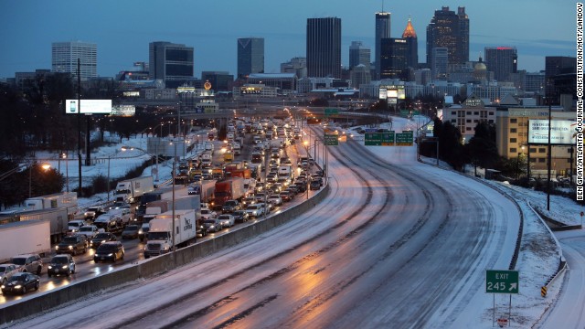 As dawn breaks early on January 29, southbound traffic is at a standstill near downtown Atlanta.