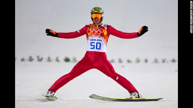 Kamil Stoch of Poland lands his jump during the men's large hill ski jumping event on February 15.