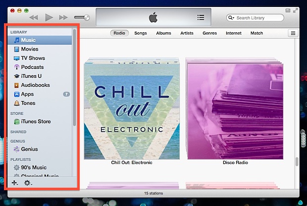 iTunes sidebar made visible