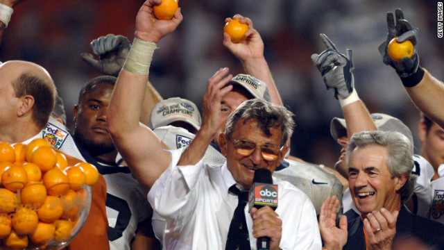 Paterno celebrates a triple-overtime Orange Bowl win over Florida State in Miami on January 3, 2006. Paterno has guided his teams to more bowl victories than any other college coach.