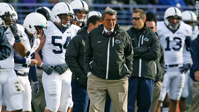 Paterno walks the sidelines in October 2009 in Evanston, Illinois. In December 2011, he was admitted to a hospital after fracturing his pelvis when he slipped and fell at his home in State College.
