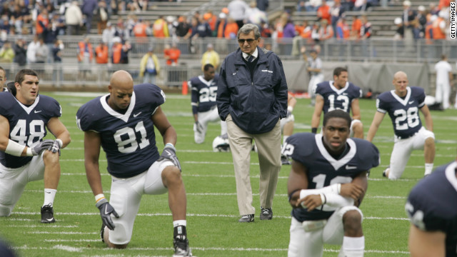 Paterno walks the field as his players warm up before their game against the Syracuse Orangemen at Beaver Stadium in September 2009 in Pennsylvania. The coach was fired in November amid the outcry over the handling of accusations against former defensive coordinator Jerry Sandusky.