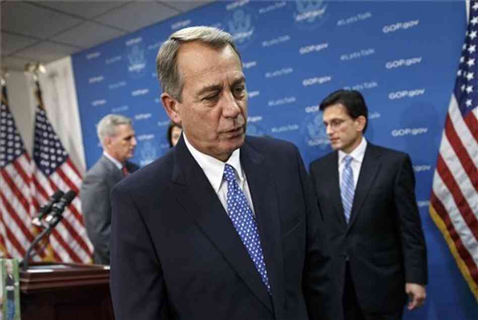 House Speaker John Boehner, Majority Whip Kevin McCarthy (left), and Majority Leader Eric Cantor (right) were among the 28 Republicans whose votes made it possible for most other Republicans to vote against the debt-ceiling hike.