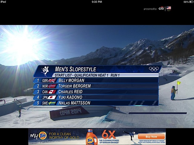 Sochi Olympic live stream in the NBC app