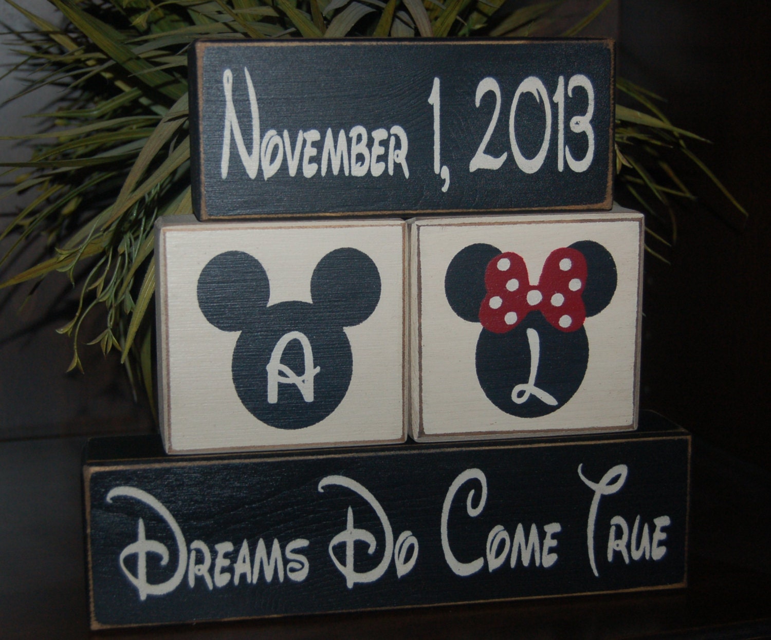 Mickey and Minnie Mouse Wedding PERSONALIZED Marriage Family Names Wedding Date Established Date Wood Sign Blocks Primitive Country Rustic