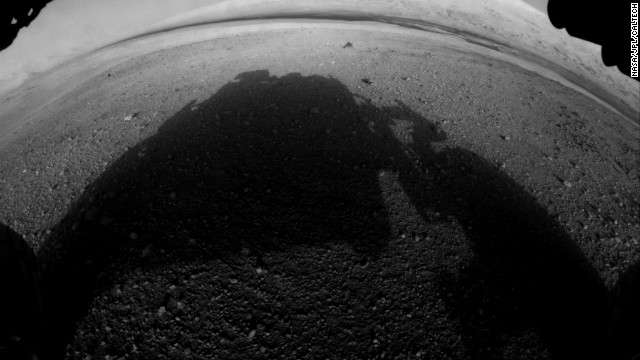 This is one of the first pictures taken by Curiosity after it landed. It shows the rover's shadow on the Martian soil.