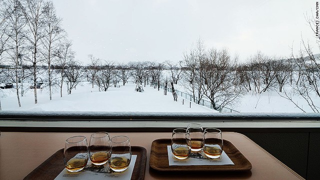 Inside the tasting room at the end of the Nikka Yoichi tour visitors can sip samples while enjoying the serene view. 