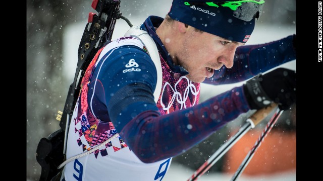 Norwegian biathlete Emil Hegle Svendsen competes in the men's 15-kilometer mass start event on February 18.