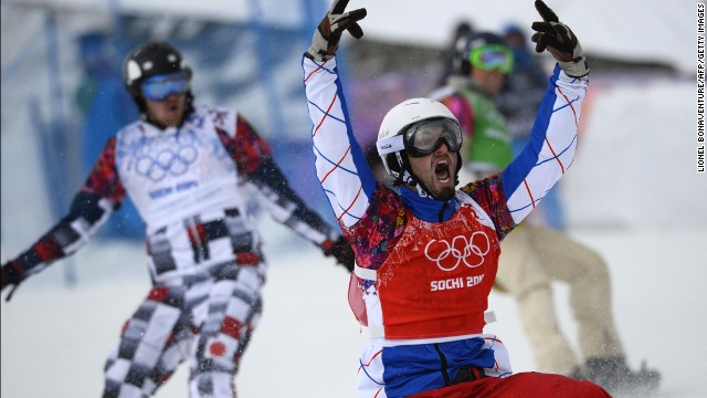 France's Pierre Vaultier celebrates winning the men's snowboard cross final on February 18.
