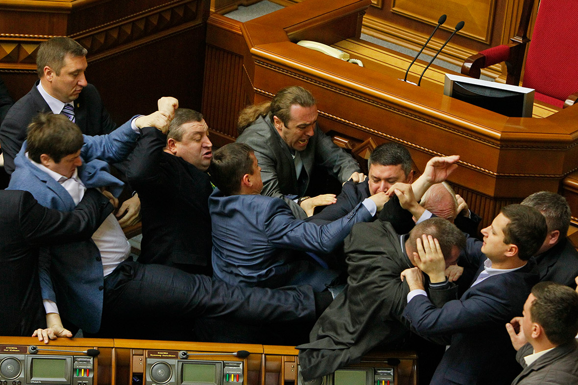 Politicians come to blows during a session of the parliament in Kiev, Ukraine