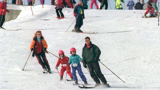 Prince Andrew, the Duke of York, and his then-wife Sarah, the Duchess of York, ski with their daughters, Beatrice and Eugenie, in Verbier, Switzerland, in February 1997.