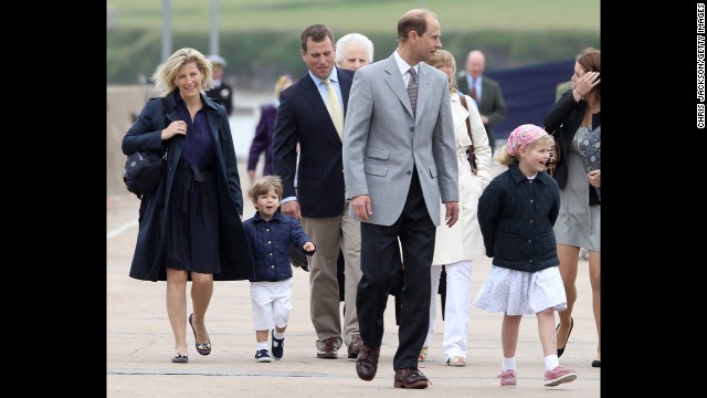 From left: Sophie, Countess of Wessex; her son, James, Viscount Severn; her nephew, Peter Phillips; her husband, Prince Edward, Earl of Wessex; her daughter, Lady Louise Windsor; and her niece Princess Eugenie disembark the Hebridean Princess in Scrabster, Scotland, in August 2010.