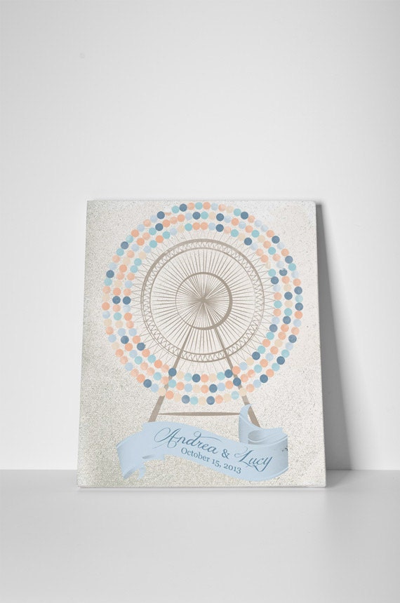 wedding Guestbook Ferris wheel on canvas 220 sign . Customize number of signatures and colors. Colours: peach and light blue.