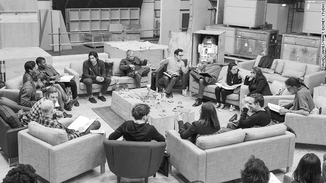J.J Abrams (top center right) talks to Harrison Ford at the cast read-through of Star Wars: Episode VII. 