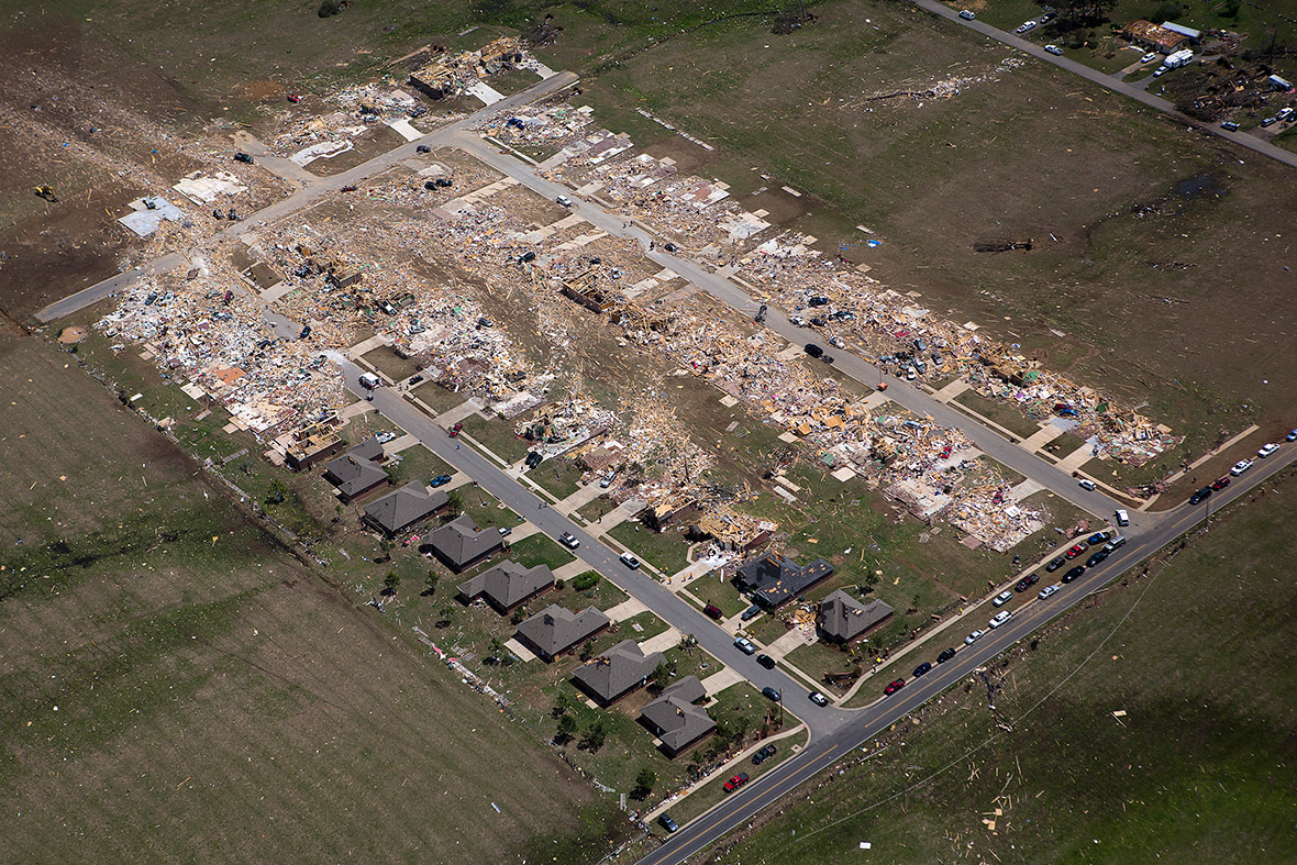 Aerial view of houses that were obliterated by a tornado in Vilonia, Arkansas