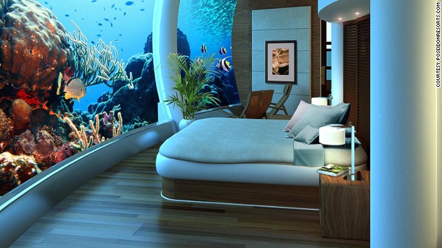 Guests here are invited to interact with the surroundings -- at the push of a button the fish are fed, and the flip of a switch turns on sparkling underwater lights. 