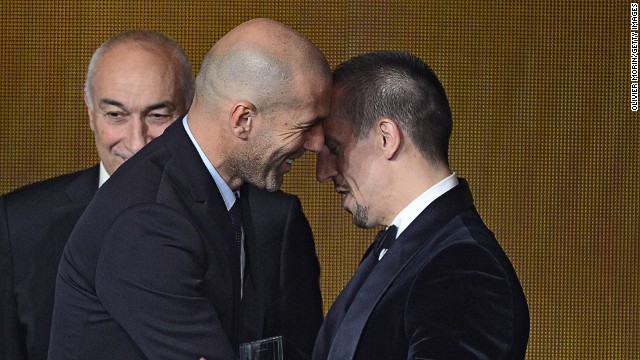 This was not a repeat of Zinedine Zidane's headbutt in the 2006 World Cup, but a warmer embrace as the Frenchman hands Bayern Munich's Franck Ribery his FIFA/FIFPro World XI award. Once tipped to win the main prize itself, Ribery eventually finished third despite winning five major trophies in 2013. 