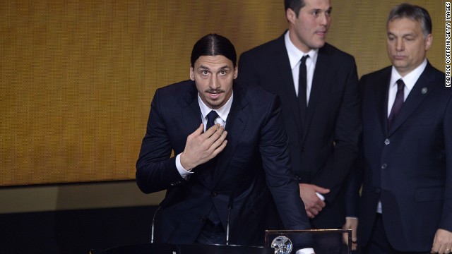 Zlatan Ibrahimovic addresses the audience after winning the FIFA Puskas award for best goal, with the Swede's overhead strike against England deemed better than efforts by rivals Nemanja Matic of Serbia and Brazil's Neymar. 