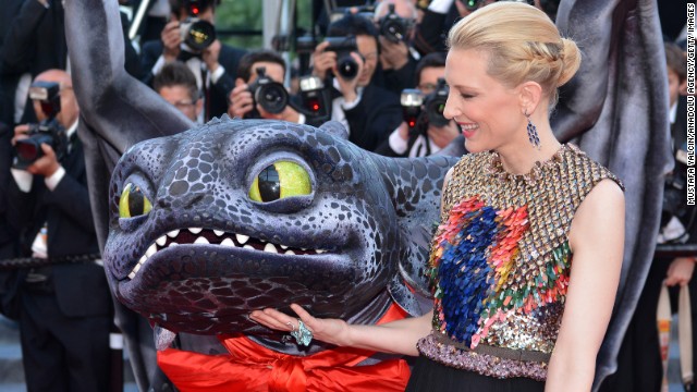Actress Cate Blanchett appears with a dragon for the "How To Train Your Dragon 2" premiere on Friday, May 16.