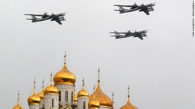 Russian Air Force Tu-95 bombers fly over Moscow's Red Square on May 7.