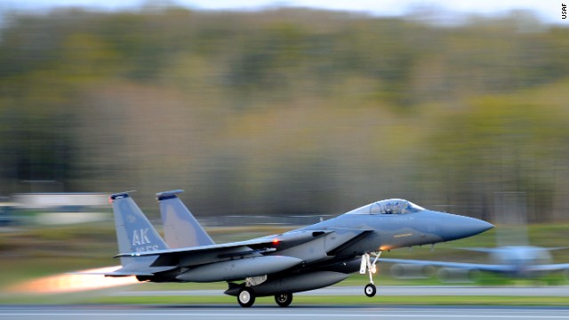 An F-15 Eagle from the 19th Fighter Squadron takes off at Joint Base Elmendorf-Richardson in Alaska. F-15 fighters intercepted Russian bombers off California in June.