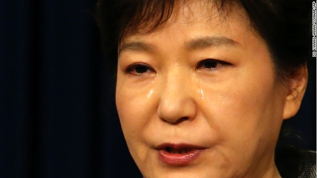 South Korean President Park Geun-hye weeps while delivering a speech to the nation about the sunken ferry Sewol.