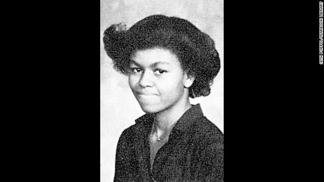 Obama's 1980 yearbook photo from Whitney Young High School in Chicago. The magnet school was far from her home on the south side of the city, however, and her round-trip commute was three hours.