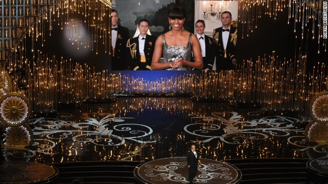 Michelle Obama, via satellite, announces the Oscar for best picture at the end of the Academy Awards show in February.
