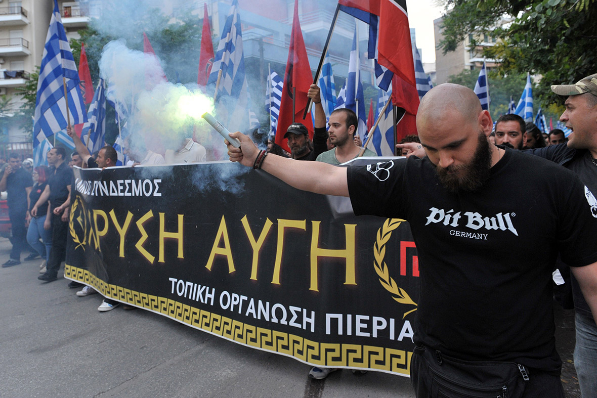 Members of Greek neo-Nazi party Golden Dawn march during an event held in memory of Alexander the Great in Thessaloniki.
