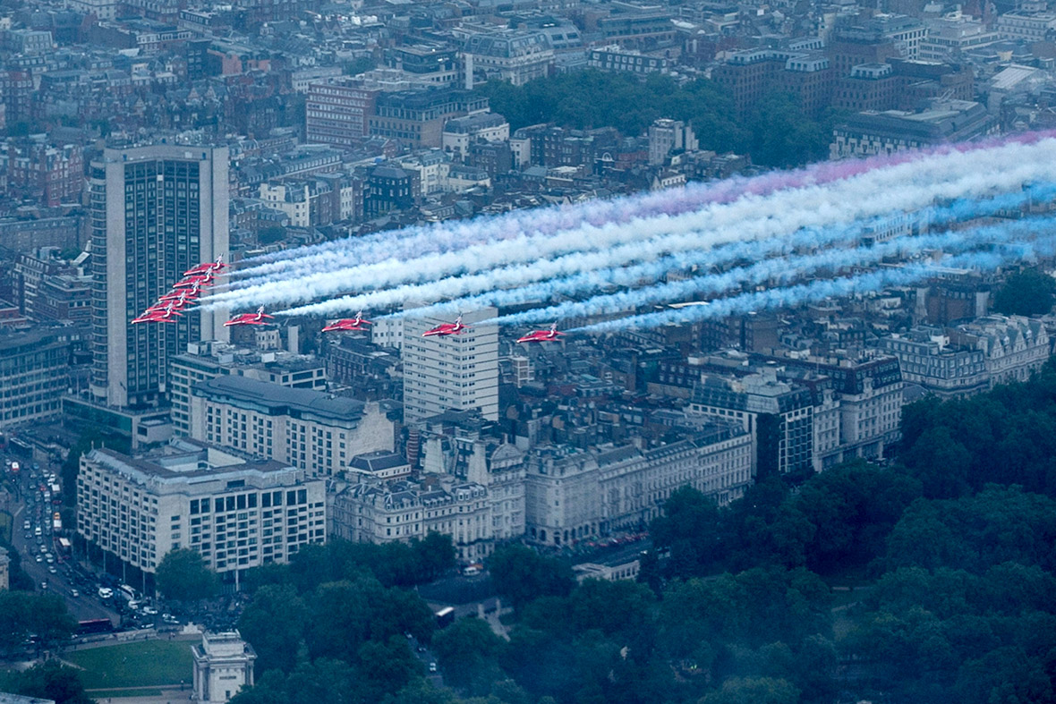 The Red Arrows fly over central London as part of the Queen's birthday flypast during the Trooping the Colour ceremony.