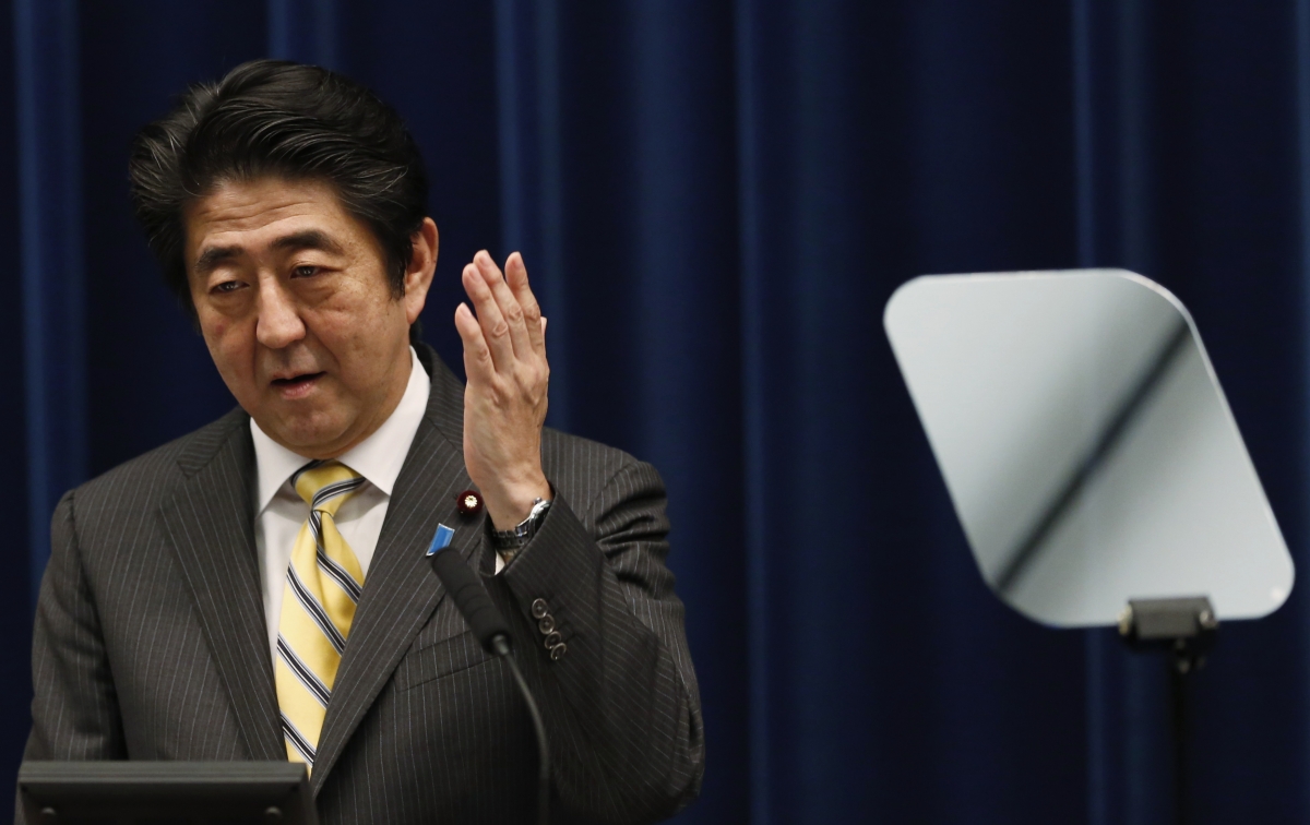 Japan's Prime Minister Shinzo Abe speaks next to a teleprompter during a news conference at his official residence in Tokyo