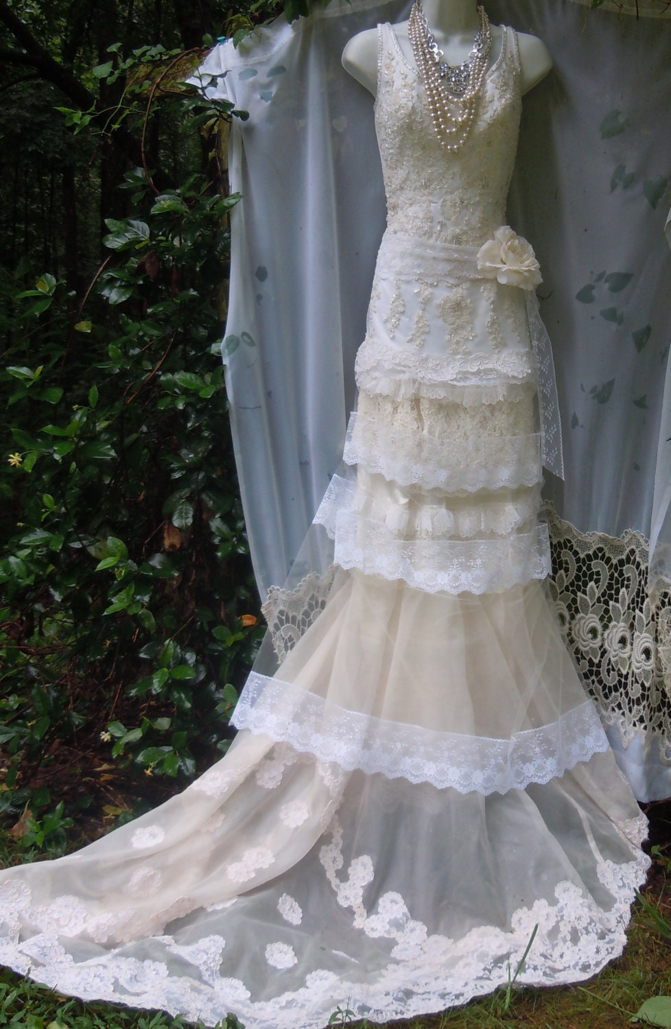 White wedding dress boho mermaid crochet lace vintage beaded tulle bride outdoor romantic small by vintage opulence on Etsy