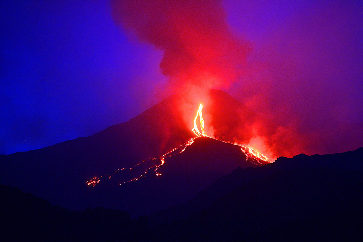 Lava flows from Mount Etna on the southern Italian island of Sicily. Etna is one of the most active volcanoes in the world and is in an almost constant state of activity