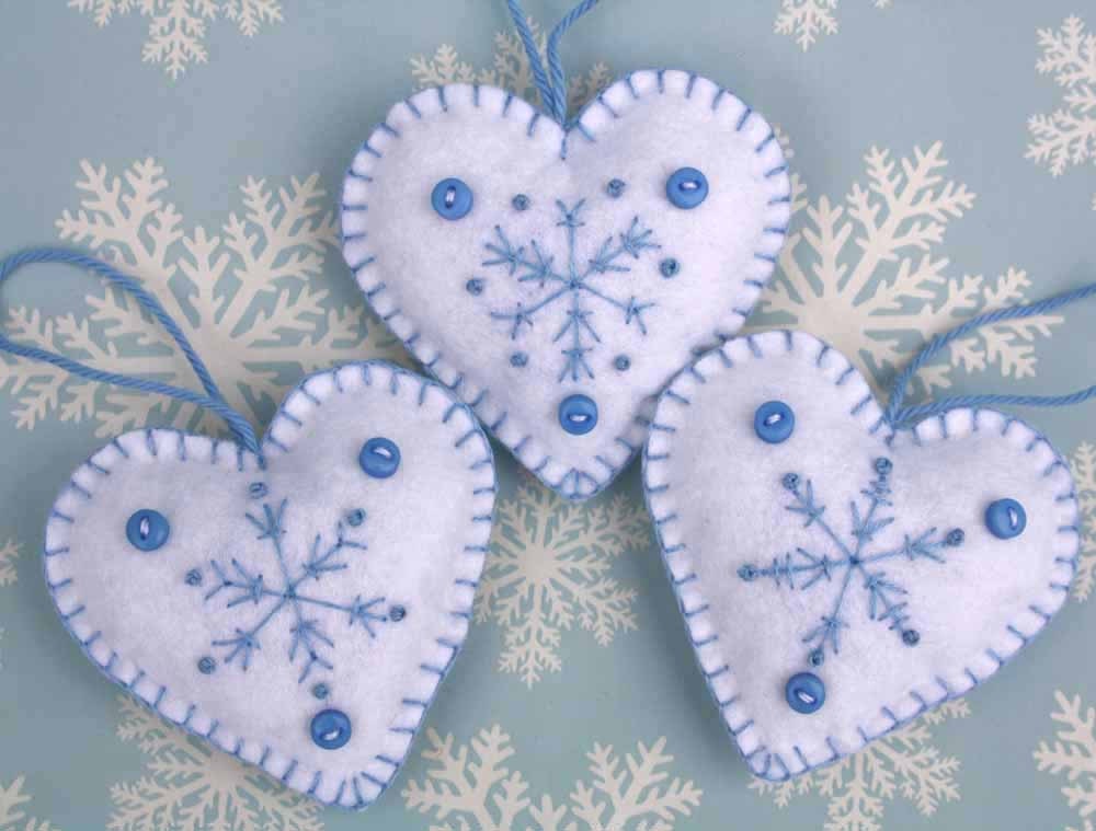 Felt Christmas heart ornaments,Handmade blue and white snowflake hearts,3 Scandinavian embroidered heart decorations,winter wedding favours.