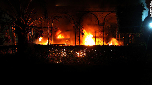 A vehicle burns during the attack on the U.S. mission on September 11.