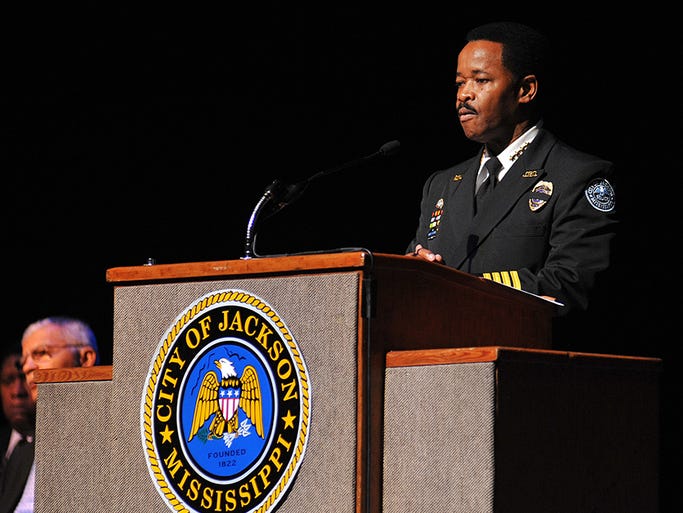Jackon Police Chief Lindsey Horton speaks during a memorial service for Jackson Police Officer Bruce Daniel Jacob at Thalia Mara Hall in Jackson.