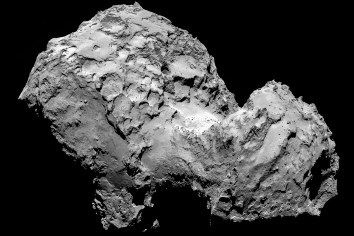 Comet 67P/Churyumov-Gerasimenko is seen in a photo taken by the Rosetta spacecraft . The European Space Agency's Rosetta spacecraft became the first to rendezvous with a comet and will follow it on the journey around the sun