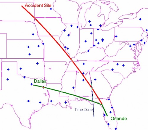 The route of Payne Stewart's fatal flight. Planned path in green, actual in red. Image: NTSB