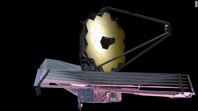 The James Webb Space Telescope, shown in this artist's depiction, would be even more powerful than the Hubble Space Telescope, and may enhance our understanding of enigmatic substances called dark matter and dark energy. 