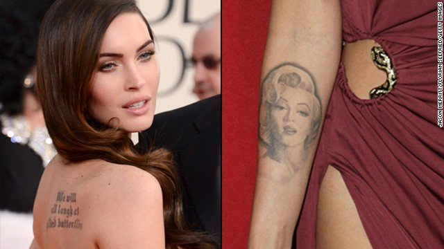 Megan Fox has two prominent tattoos. Shakespeare's "We will all laugh at gilded butterflies" is inked on her back, and <a href='http://ift.tt/1lBqgt7' target='_blank'>she used to sport a picture of Marilyn Monroe on her forearm. </a>