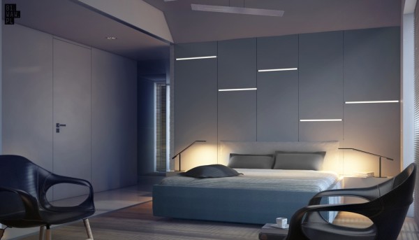 A similar bedroom makes use of a little less space and features aerodynamic chairs and cool bedside lights.