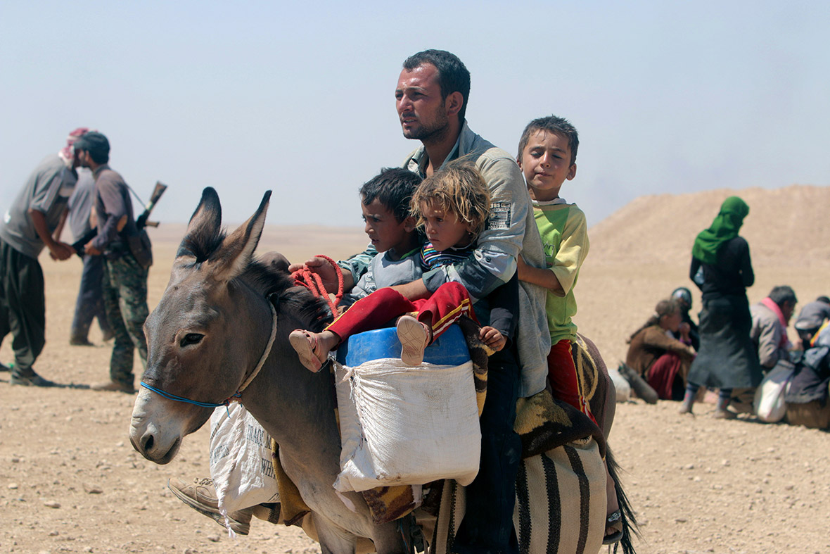 A Yazidi man and his children, fleeing violence from forces loyal to the Islamic State, ride a donkey towards the Syrian border
