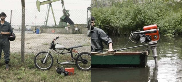 This Modified Moped Engine Powers a Boat, Concrete Mixer, and Woodsaw