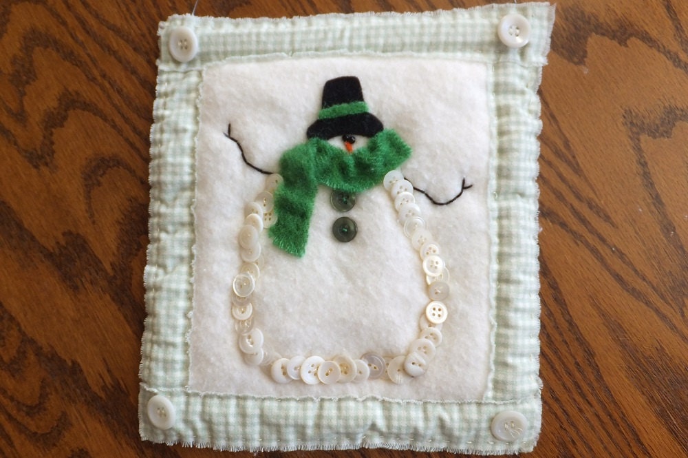 Snowman Button Outlined, Border Soft Mint Green Check With Fern Green, Handmade, Winter Wall Hanging & Or Christmas Decor, Under 10 Dollars
