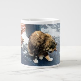 calico cat licking hind legs extra large mugs