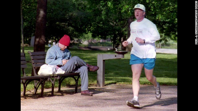 Clinton takes his morning jog through the National Mall in Washington on May 8, 1993.